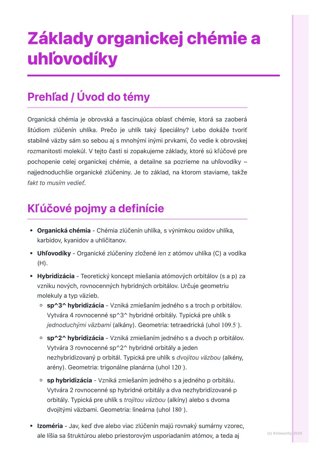 # Základy organickej chémie a
uhľovodíky
Prehľad / Úvod do témy
Organická chémia je obrovská a fascinujúca oblasť chémie, ktorá sa zaoberá