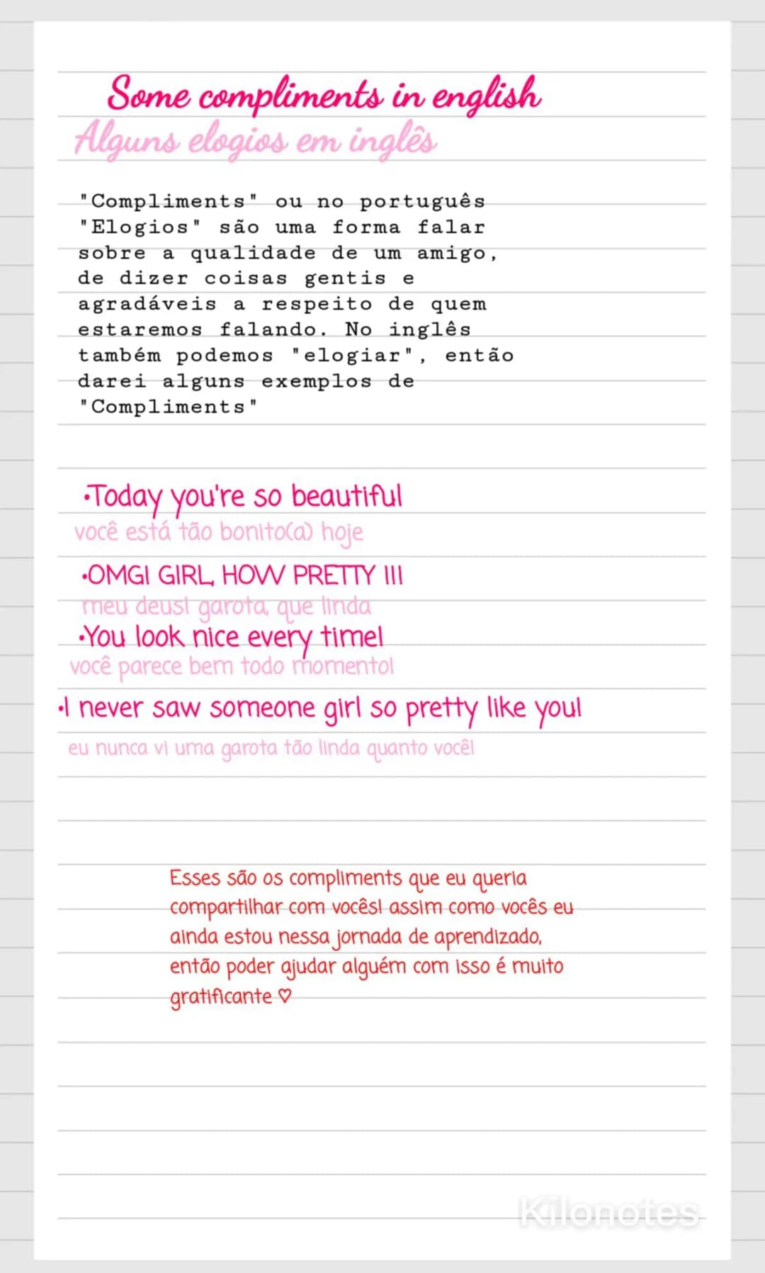 # Some compliments in english
## Alguns elogios em inglês
"Compliments" ou no português "Elogios" são uma forma falar sobre a qualidade de
