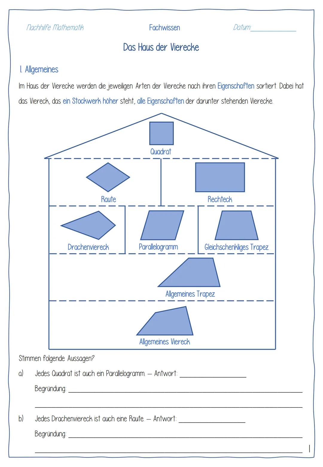 Nachhilfe Mathematik
b)
I. Allgemeines
Im Haus der Vierecke werden die jeweiligen Arten der Vierecke nach ihren Eigenschaften sortiert. Dabe