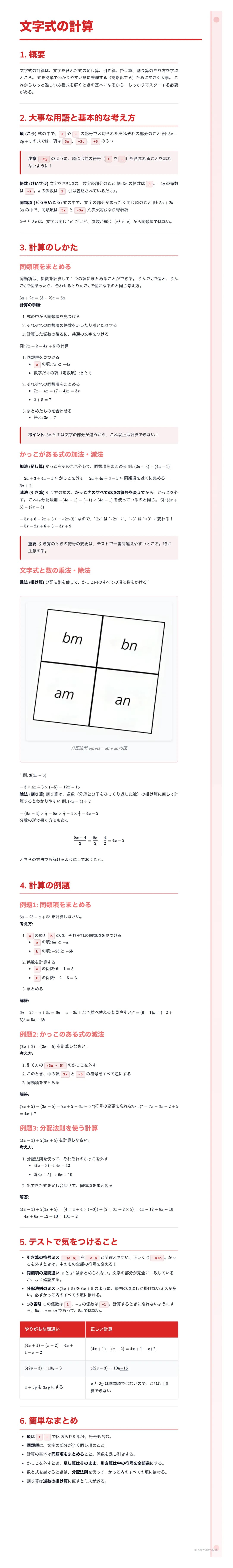 # 文字式の計算
1.
2.大事な用語と基本的な考え方
3、計算のしかた
| | |
| --- | --- |
| $bm$ | $bn$ |
| $am$ | $an$ |
5. テストで気をつけること
簡単なまとめ