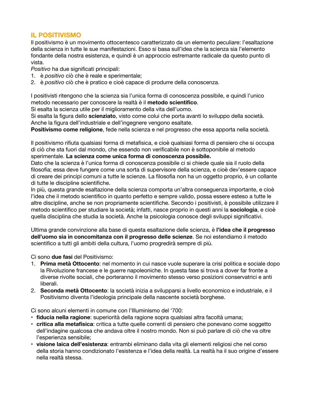 IL POSITIVISMO
Il positivismo è un movimento ottocentesco caratterizzato da un elemento peculiare: l'esaltazione
della scienza in tutte le s