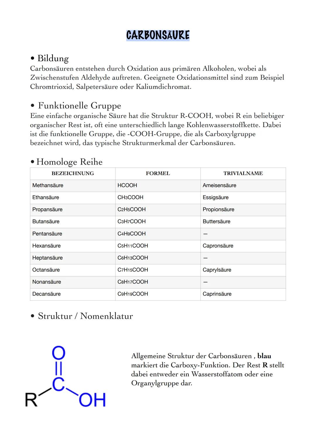 • Bildung
Carbonsäuren entstehen durch Oxidation aus primären Alkoholen, wobei als
Zwischenstufen Aldehyde auftreten. Geeignete Oxidationsmi