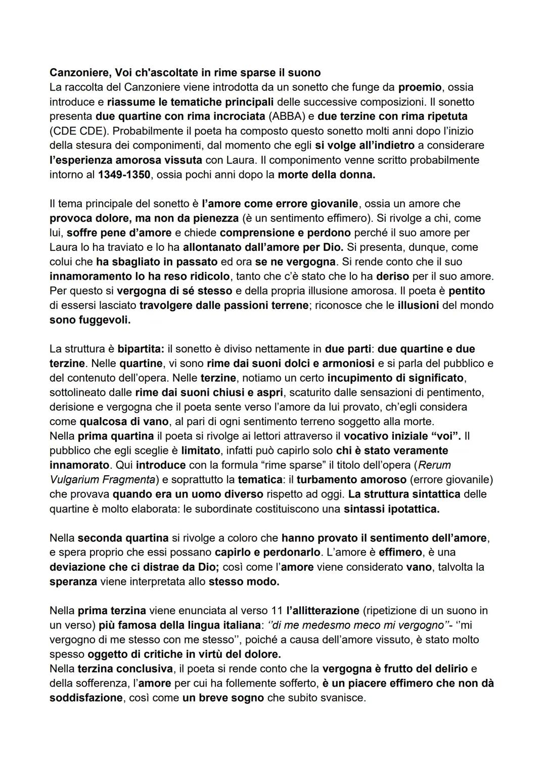 Canzoniere, Voi ch'ascoltate in rime sparse il suono
La raccolta del Canzoniere viene introdotta da un sonetto che funge da proemio, ossia
i