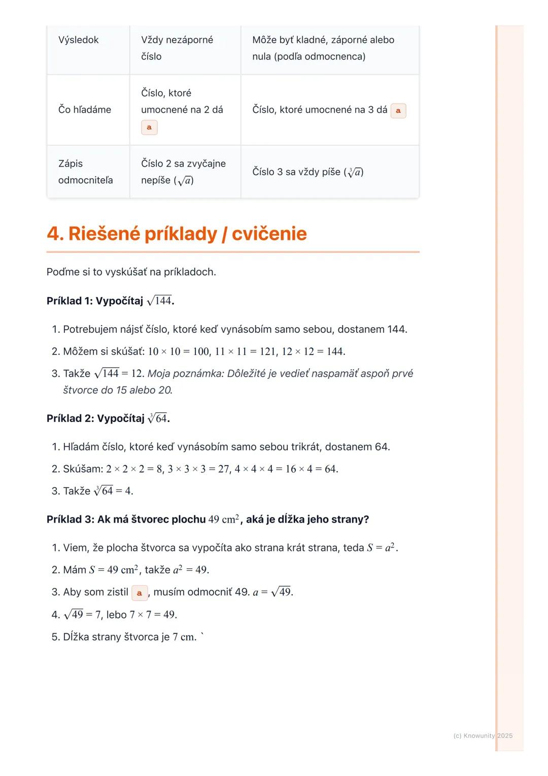 # Druhá a tretia odmocnina
1. Prehľad / úvod
Dnes sa budeme učiť o druhej a tretej odmocnine. Je to dôležité, lebo nám to
pomáha riešiť rô