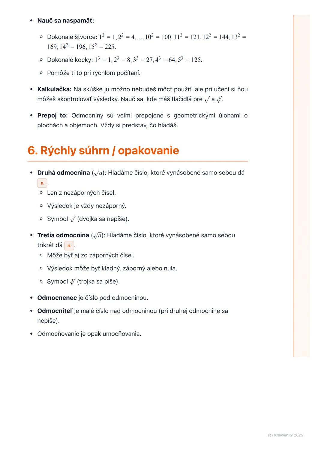 # Druhá a tretia odmocnina
1. Prehľad / úvod
Dnes sa budeme učiť o druhej a tretej odmocnine. Je to dôležité, lebo nám to
pomáha riešiť rô