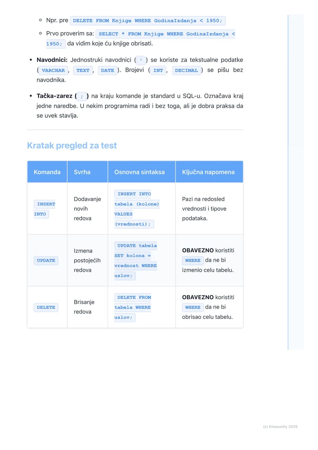 # SQL - upiti za manipulaciju
podacima (INSERT, UPDATE,
DELETE)
Uvod u manipulaciju podacima
Ovo su komande kojima menjamo podatke unutar
