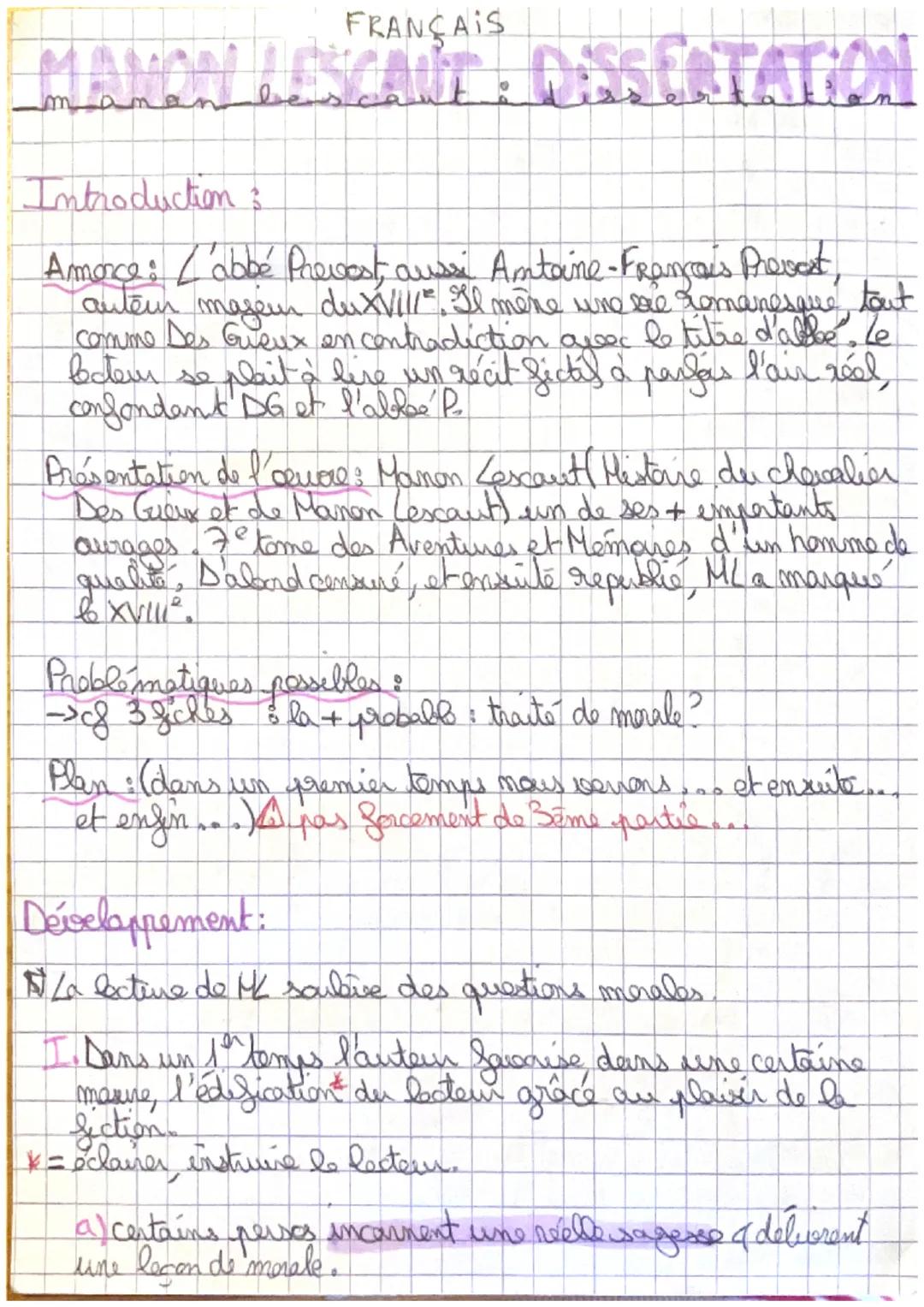 FRANÇAIS
MANON LESCAUT DESSERTATION
Introduction &
Amonce: /'abbé Prevost, aussi Antaine-François Provest,
auteur mageur du XVIII. Il mère u