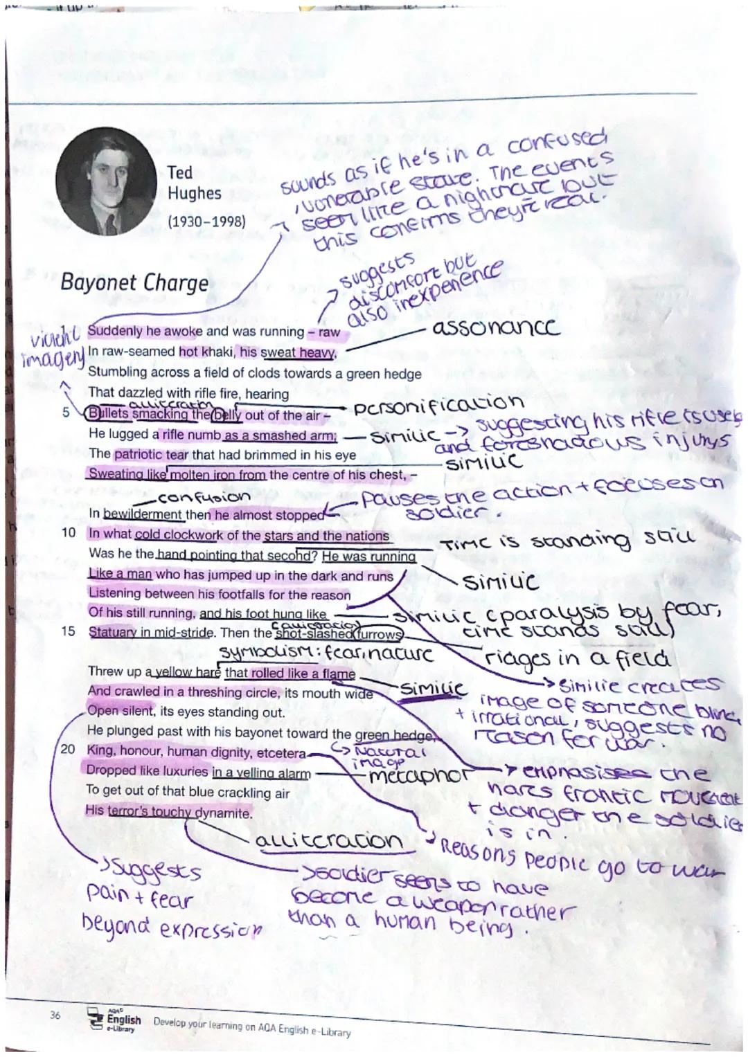 Ted
Hughes
(1930-1998)
Bayonet Charge
vi Suddenly he awoke and was running - raw
imagery In raw-seamed hot khaki, his sweat heavy,
5
36
soun