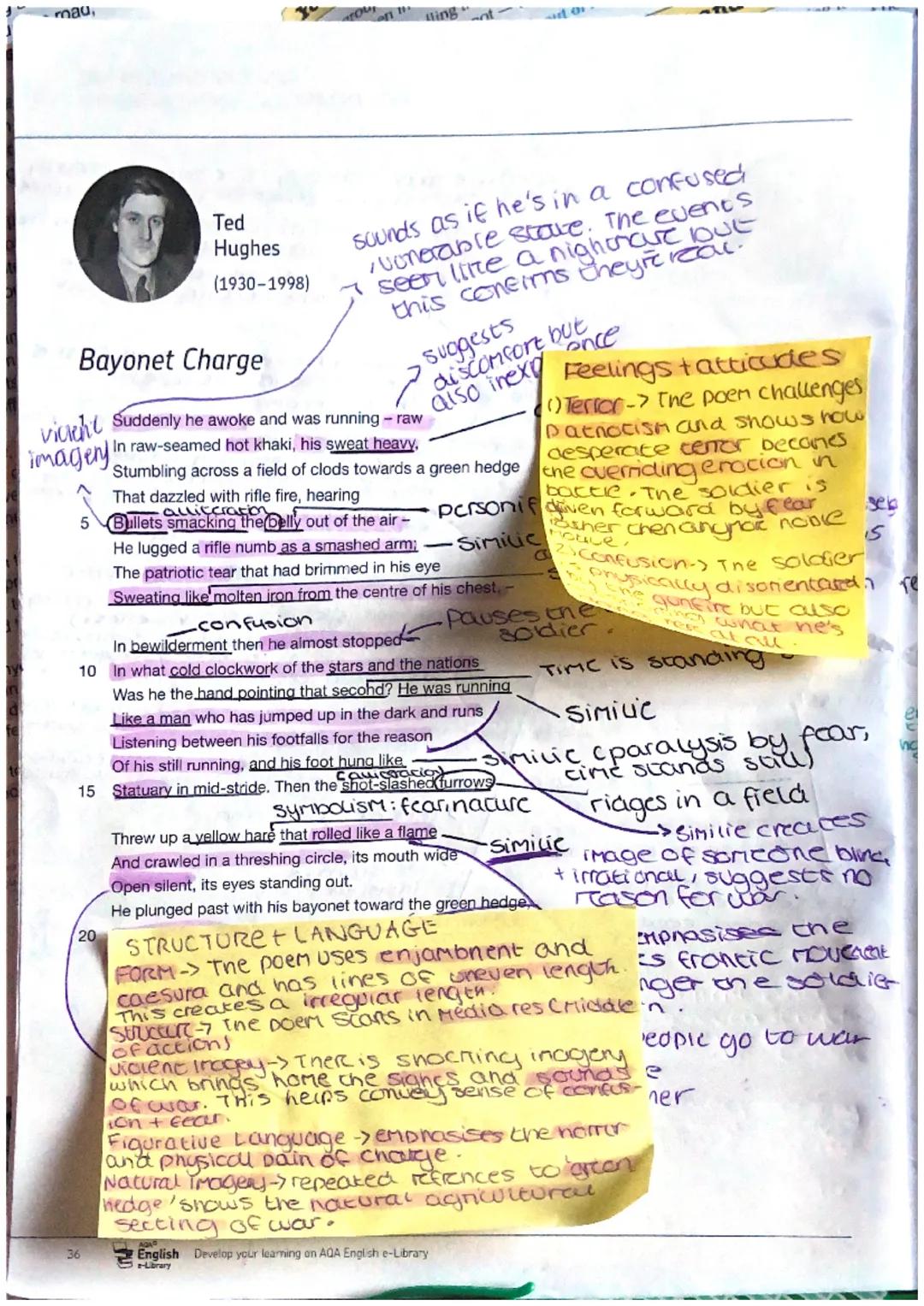 Ted
Hughes
(1930-1998)
Bayonet Charge
vi Suddenly he awoke and was running - raw
imagery In raw-seamed hot khaki, his sweat heavy,
5
36
soun