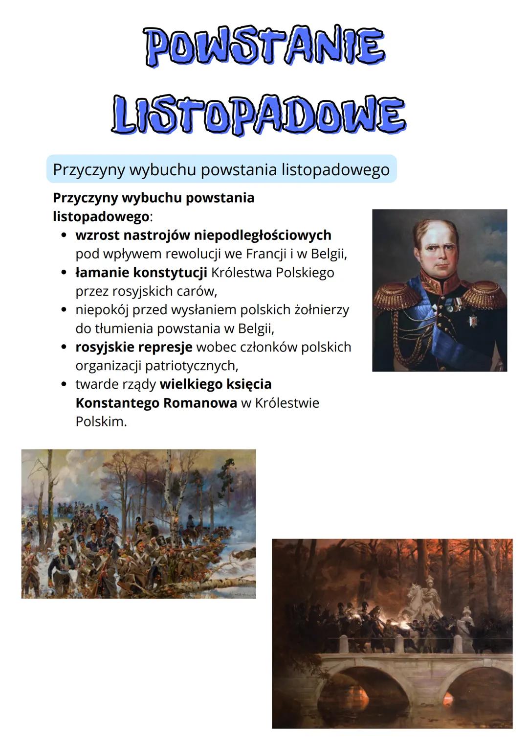 # POWSTANIE
# LISTOPADOWE
Przyczyny wybuchu powstania listopadowego
Przyczyny wybuchu powstania
listopadowego:
* wzrost nastrojów niep