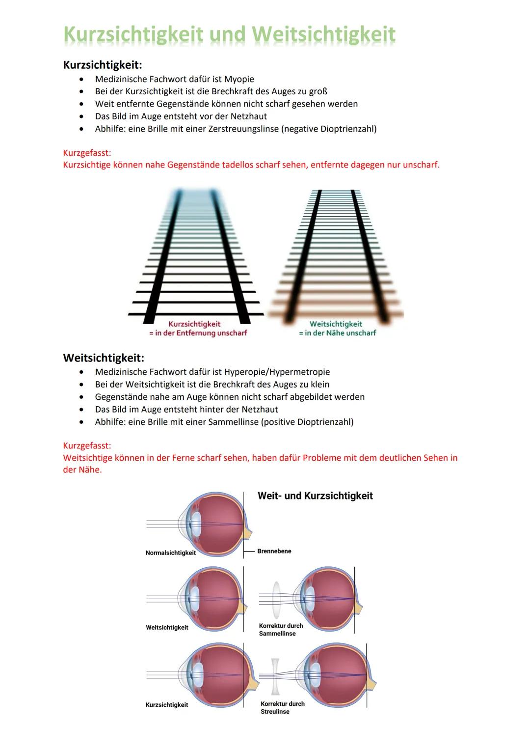 # Kurzsichtigkeit und Weitsichtigkeit
Kurzsichtigkeit:
- Medizinische Fachwort dafür ist Myopie
- Bei der Kurzsichtigkeit ist die Brechkraf