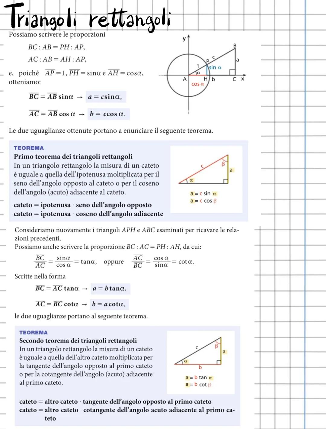 Triangoli rettangoli
Possiamo scrivere le proporzioni
BC: AB=PH: AP,
AC: AB=AH: AP,
e, poiché AP=1, PH = sina e AH = cosa,
otteniamo:
TEOREM