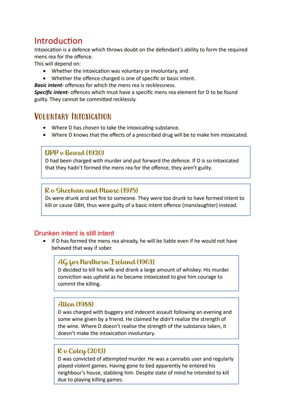 Mental
Capacity
Defences:
Intoxication Introduction
Intoxication is a defence which throws doubt on the defendant's ability to form the requ