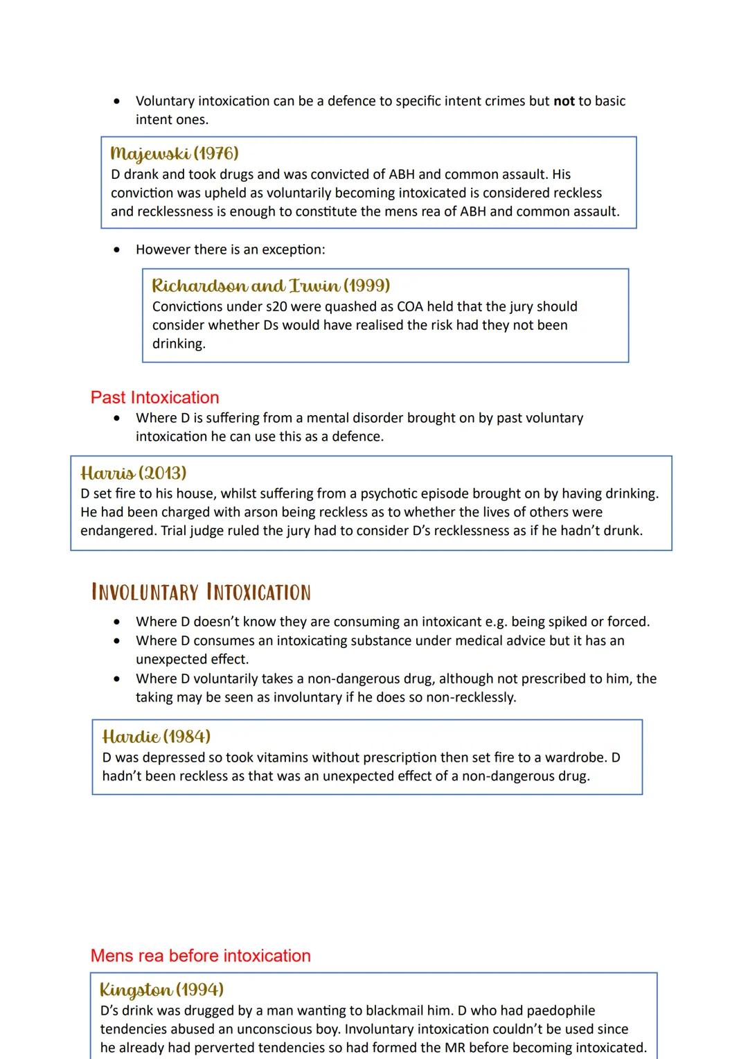 Mental
Capacity
Defences:
Intoxication Introduction
Intoxication is a defence which throws doubt on the defendant's ability to form the requ