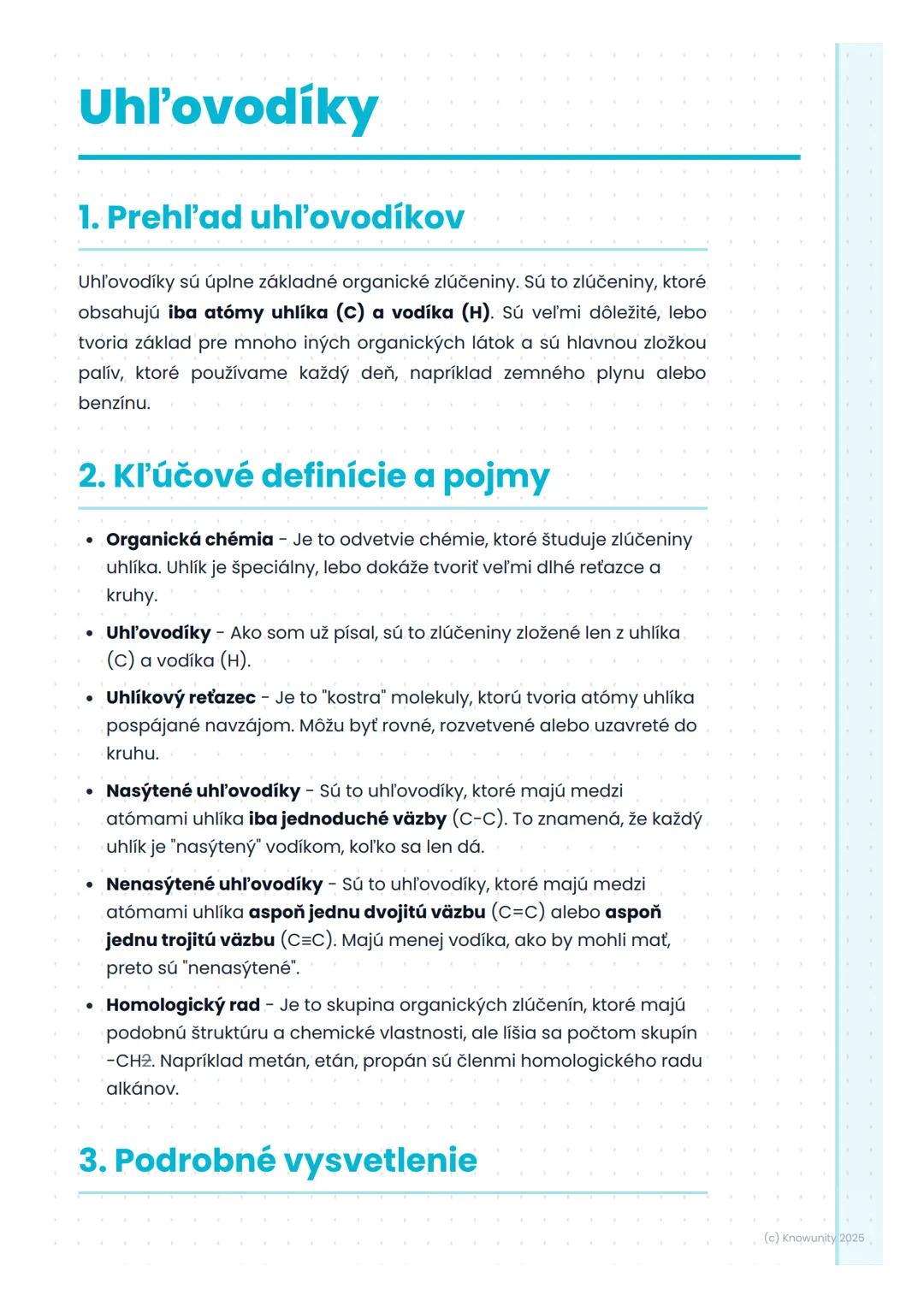 # Uhlovodíky
1. Prehl'ad uhlovodíkov
Uhlovodíky sú úplne základné organické zlúčeniny. Sú to zlúčeniny, ktoré
obsahujú iba atómy uhlíka (C