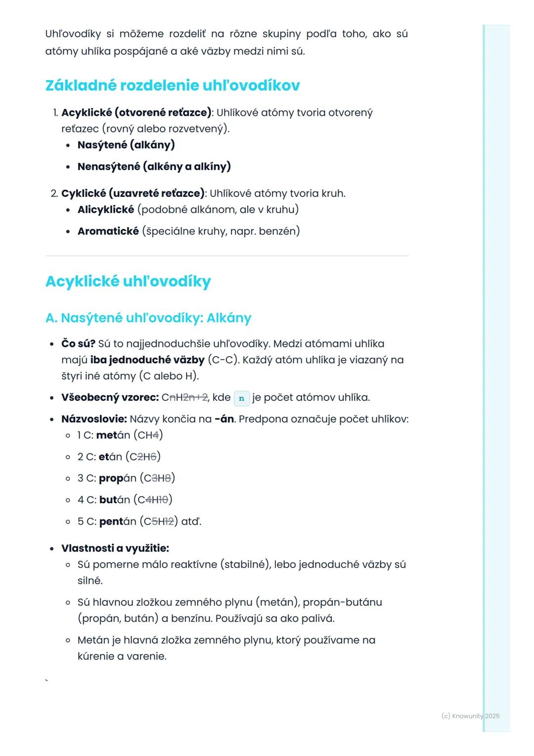 # Uhlovodíky
1. Prehl'ad uhlovodíkov
Uhlovodíky sú úplne základné organické zlúčeniny. Sú to zlúčeniny, ktoré
obsahujú iba atómy uhlíka (C