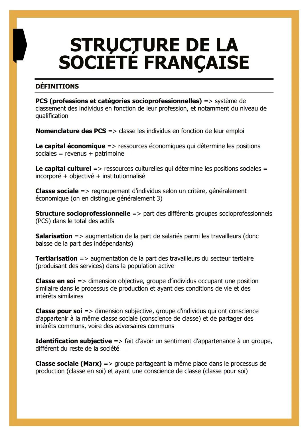 # STRUCTURE DE LA
# SOCIETE FRANÇAISE
## DÉFINITIONS
PCS (professions et catégories socioprofessionnelles) => système de
classement des in