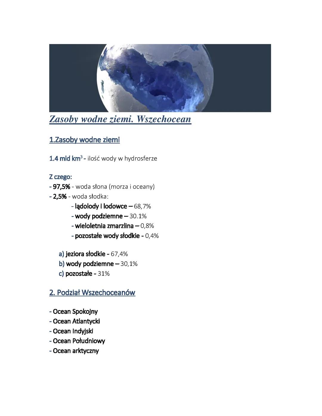 Zasoby wodne ziemi. Wszechocean